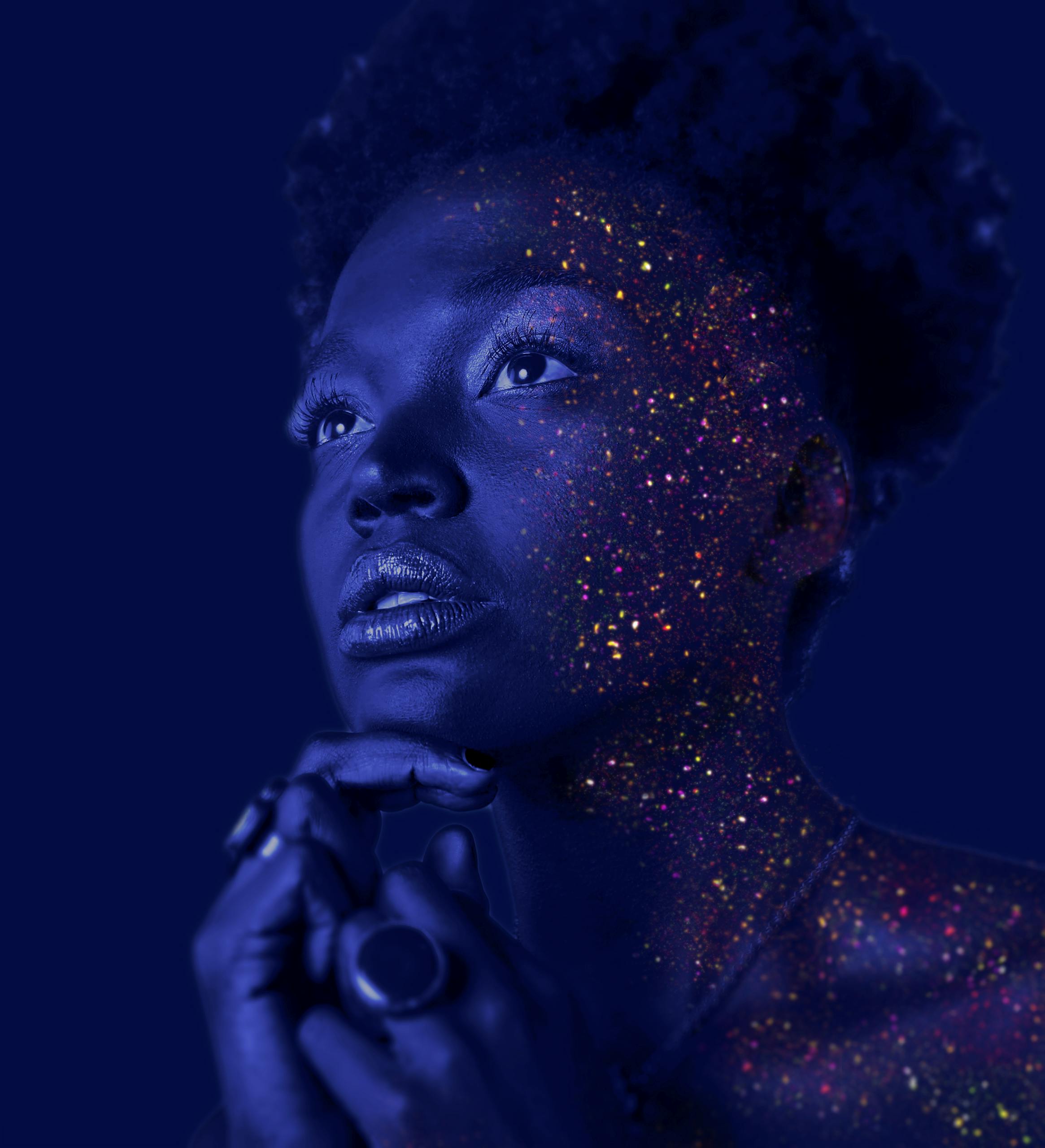 Fashion Photography of Woman Hands on Chin With Glitter Makeup